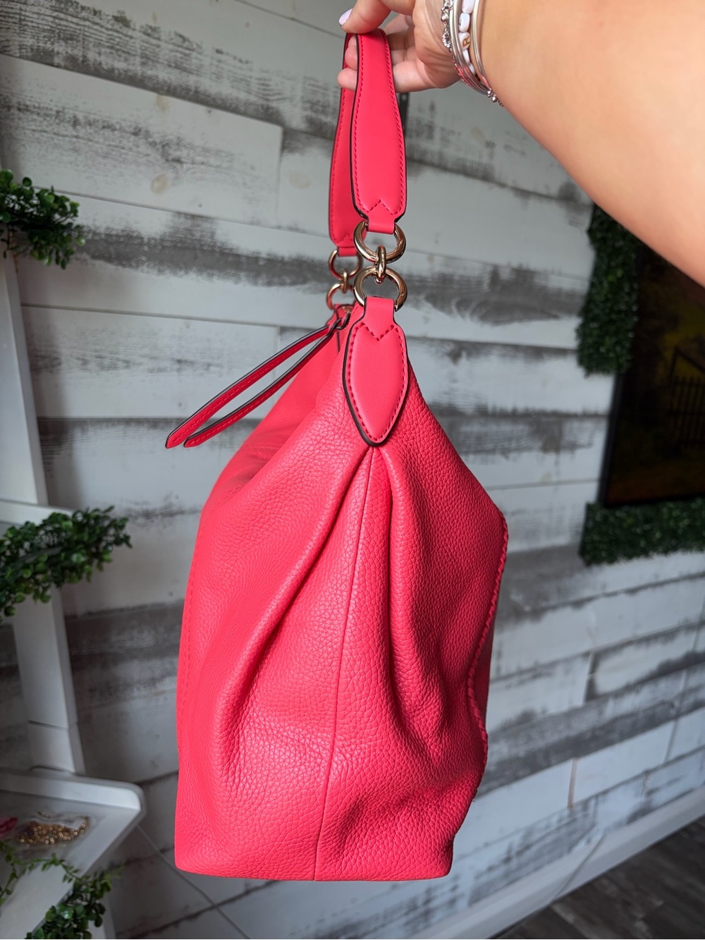 Michael Kors Large Pebbled Leather Whipstitch Hobo Shoulder Coral Pink NWT - Picture 6 of 14